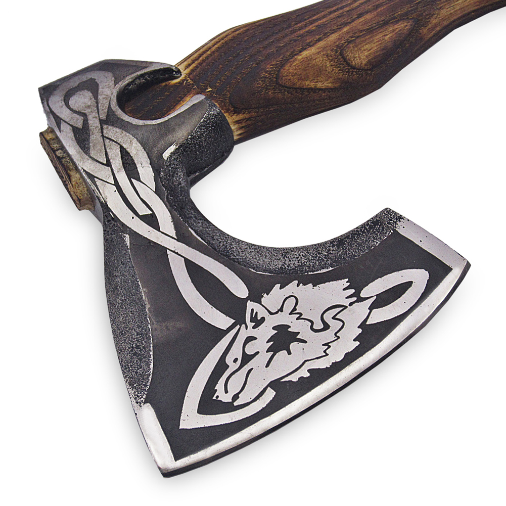 Hand forged Scandinavian Wolf Head axe Wood Handle Hatchet