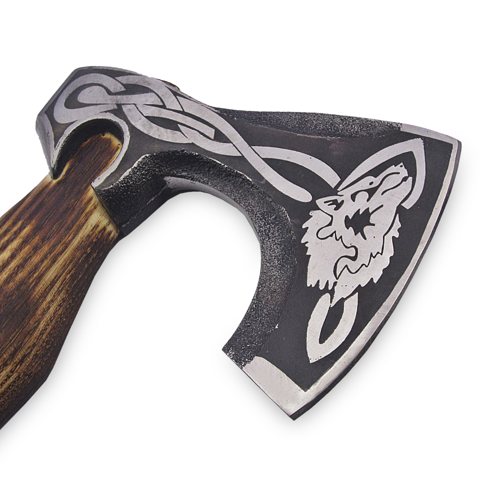 Hand forged Scandinavian Wolf Head axe Wood Handle Hatchet