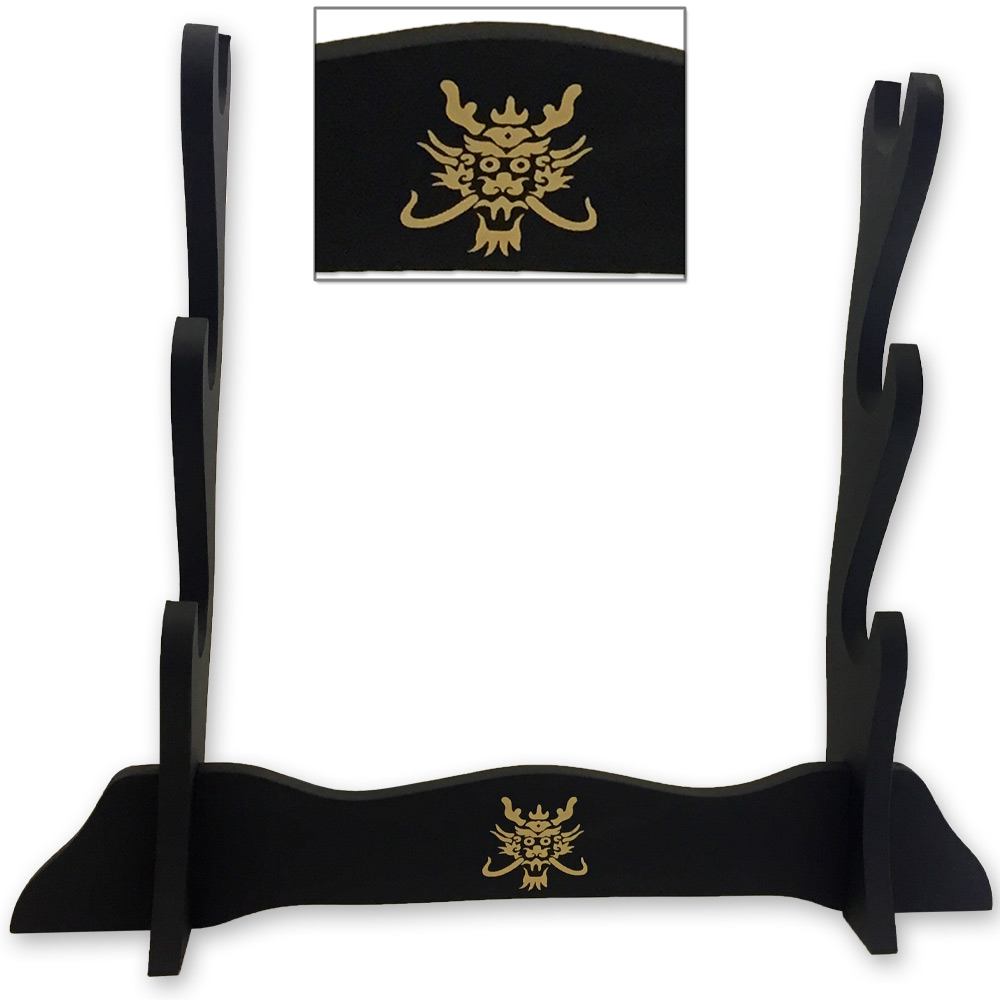 Three Swords Table Display Stand Wooden Triple Stack 3 w Golden Dragon