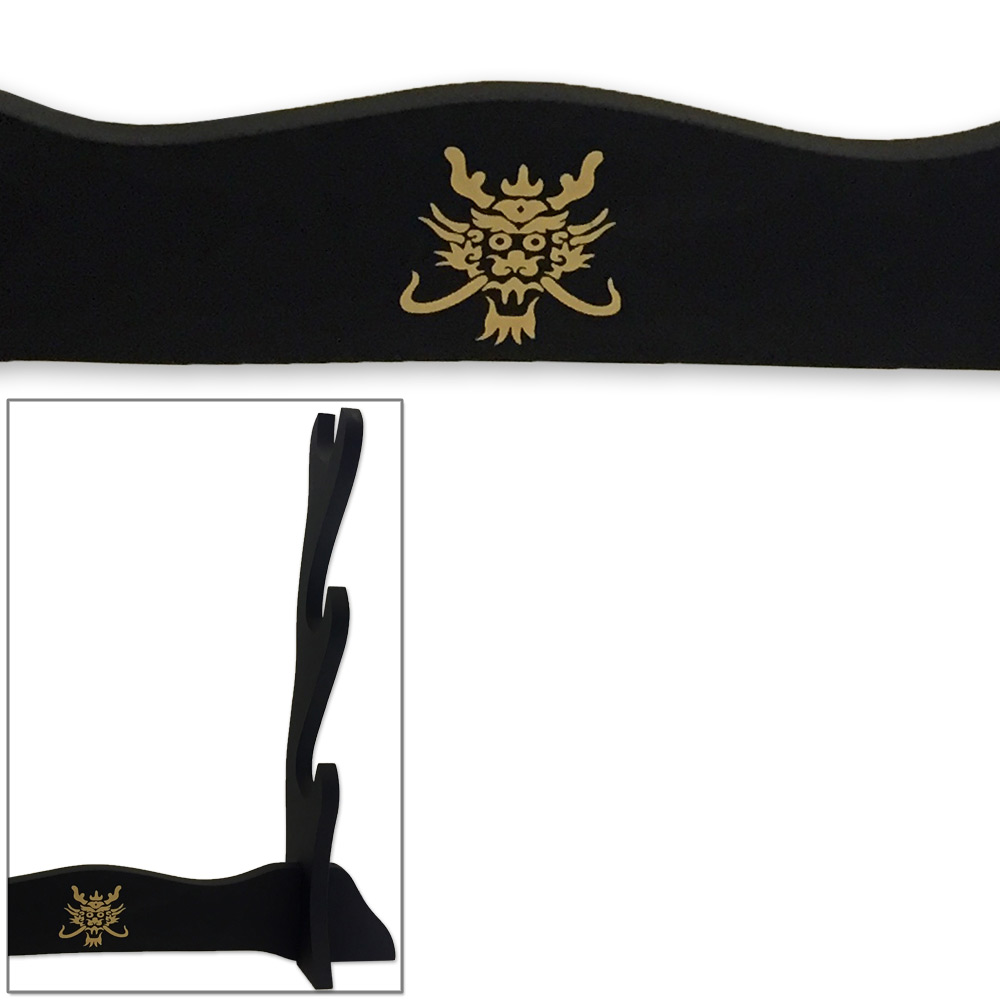 Three Swords Table Display Stand Wooden Triple Stack 3 w Golden Dragon