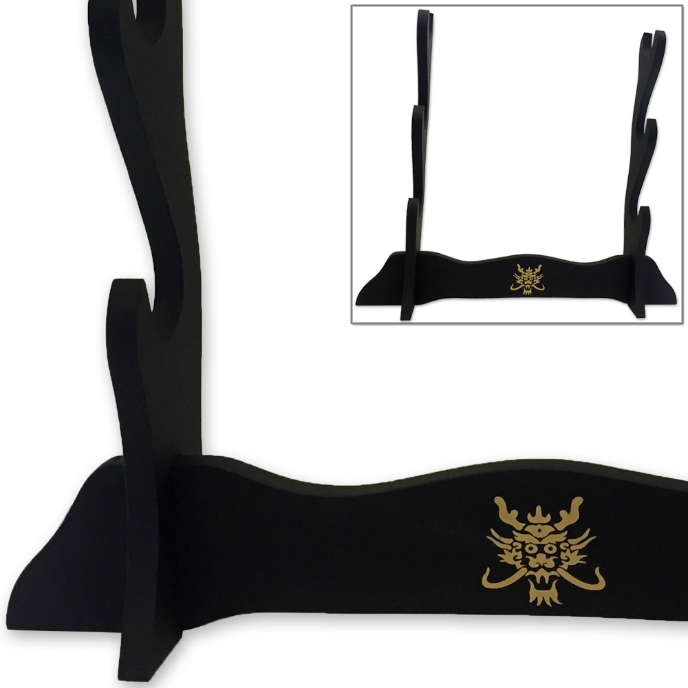 Three Swords Table Display Stand Wooden Triple Stack 3 w Golden Dragon