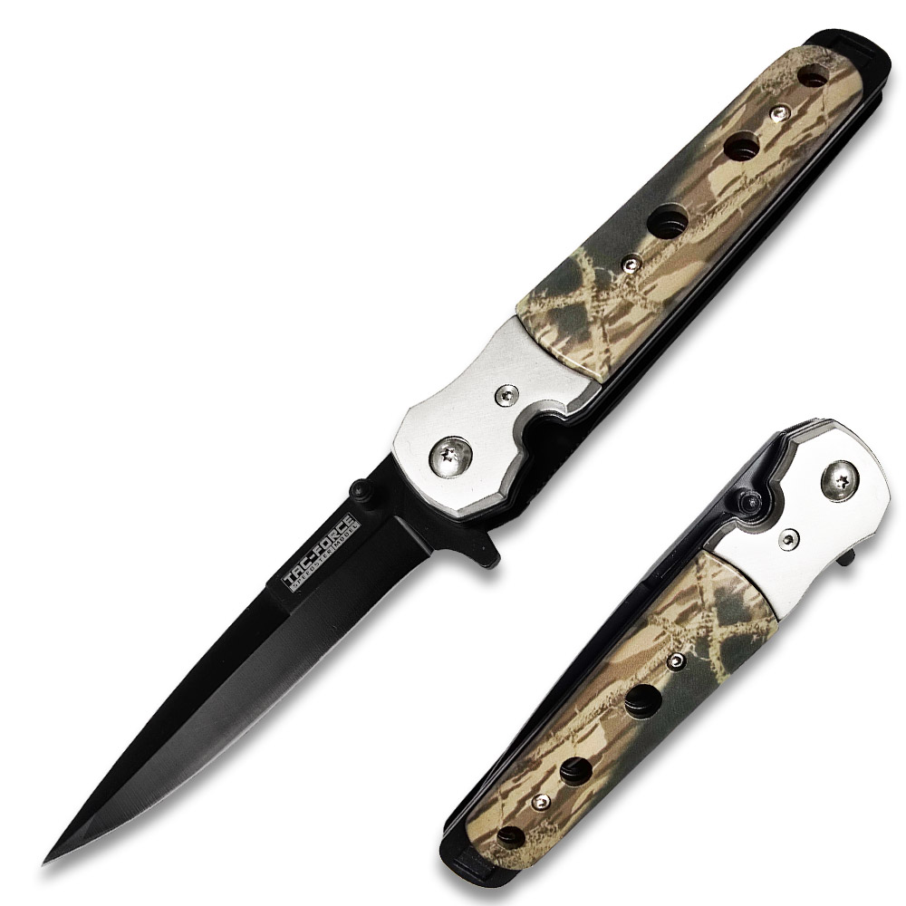 TAC FORCE SPRING SS Black Blade Spring Assist Digital Cameo Knife