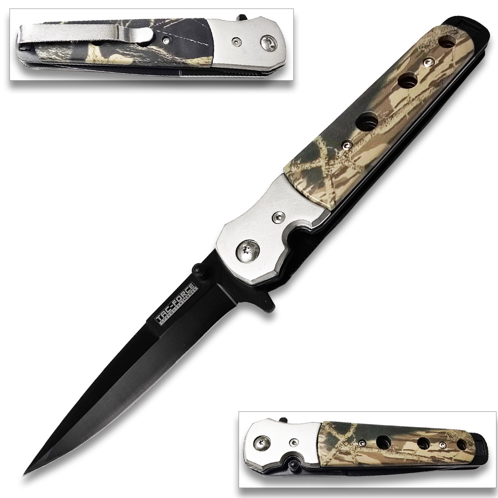 TAC FORCE SPRING SS Black Blade Spring Assist Digital Cameo Knife