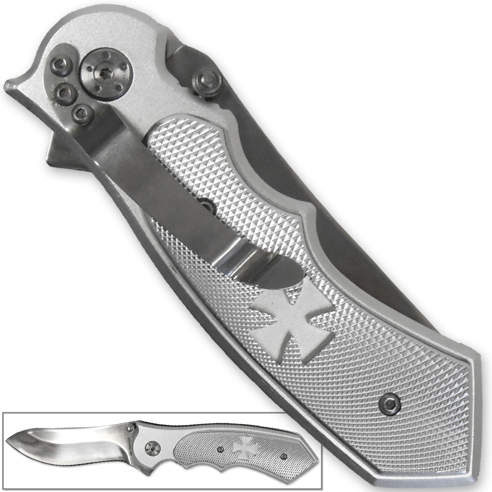 Iron Eagle Maltese Assisted Super Knife Cross Silver Treated Steel Blade