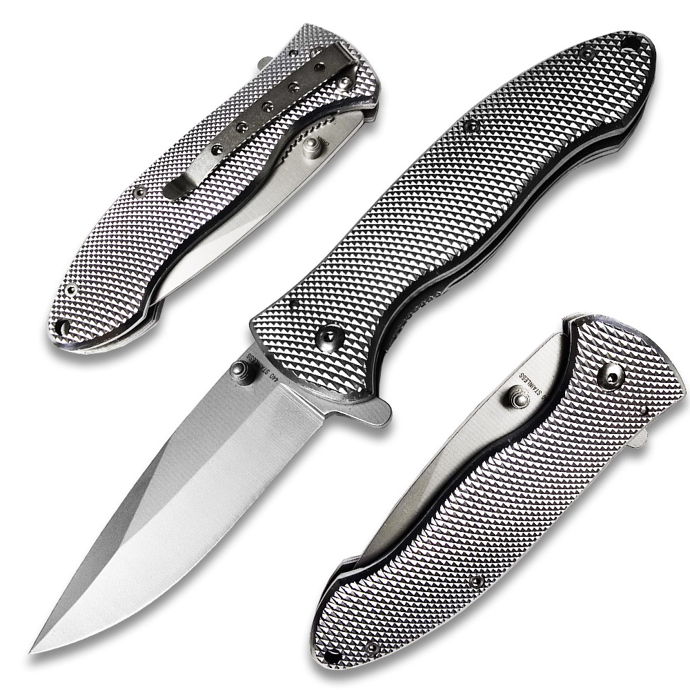 Diamond Cut Silver SS Blade Spring Assist Pocket Knife
