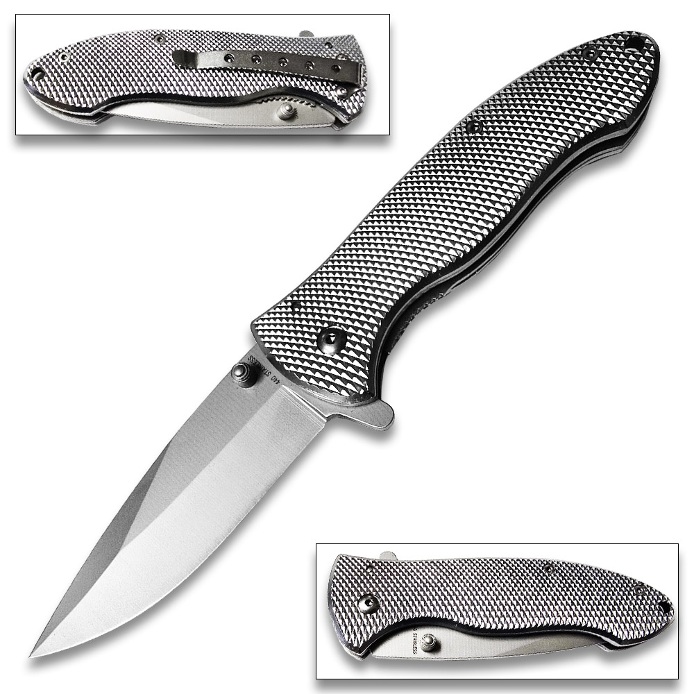 Diamond Cut Silver SS Blade Spring Assist Pocket Knife