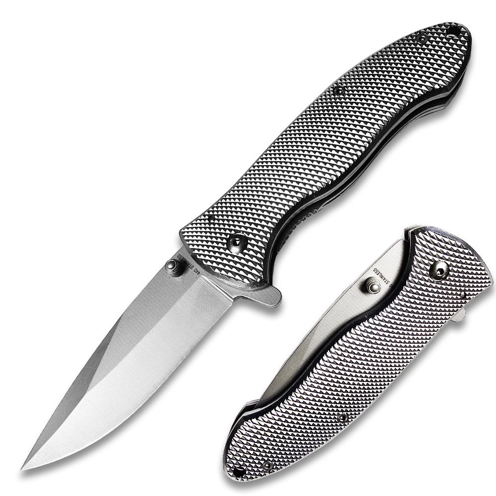 Diamond Cut Silver SS Blade Spring Assist Pocket Knife