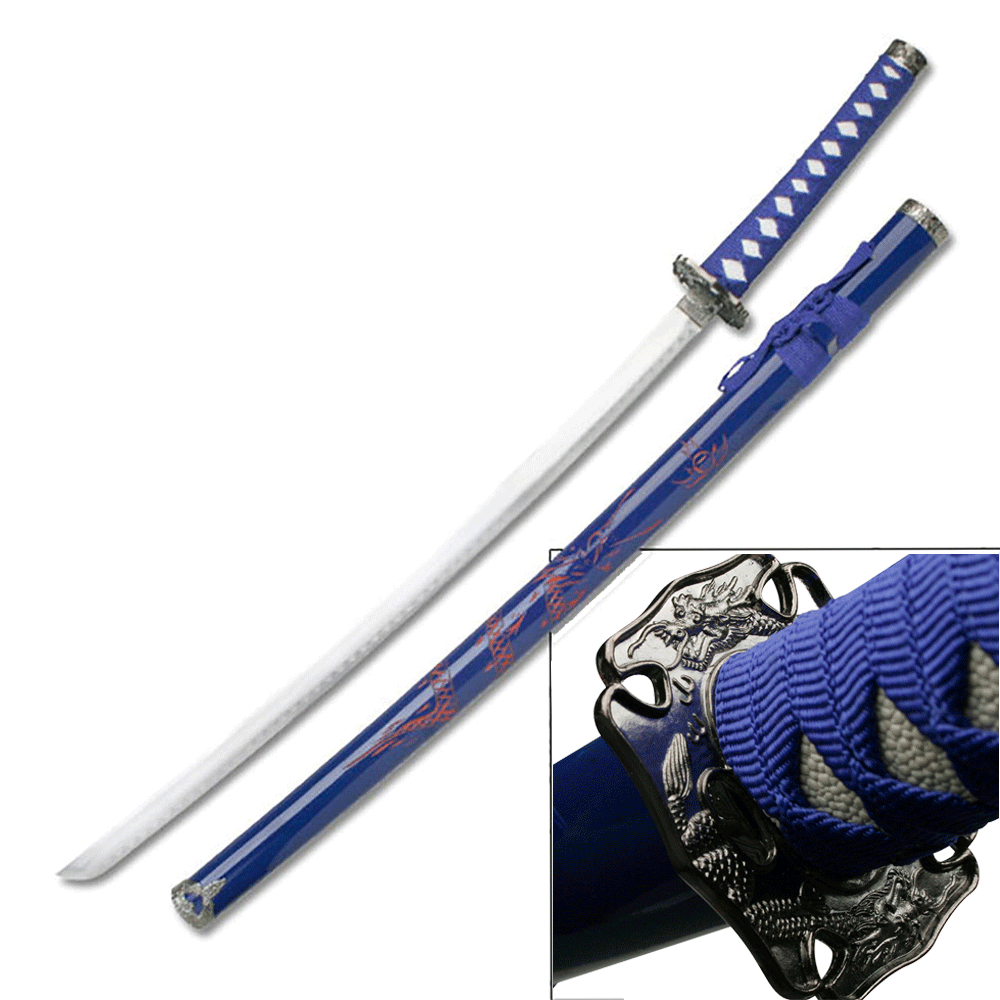 Blue Scabbard Engraved Samurai Sword  40" Overall