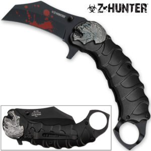 Z-HUNTER Zombie Tactical Karambit Black Knife Assisted-O Glass Breaker Finger Ring