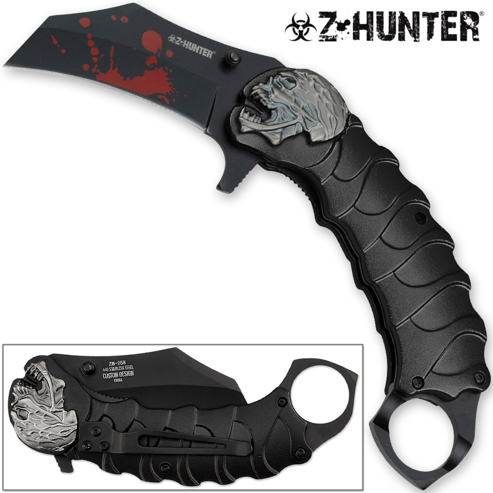 Z-HUNTER Zombie Tactical Karambit Black Knife Assisted-O Glass Breaker Finger Ring