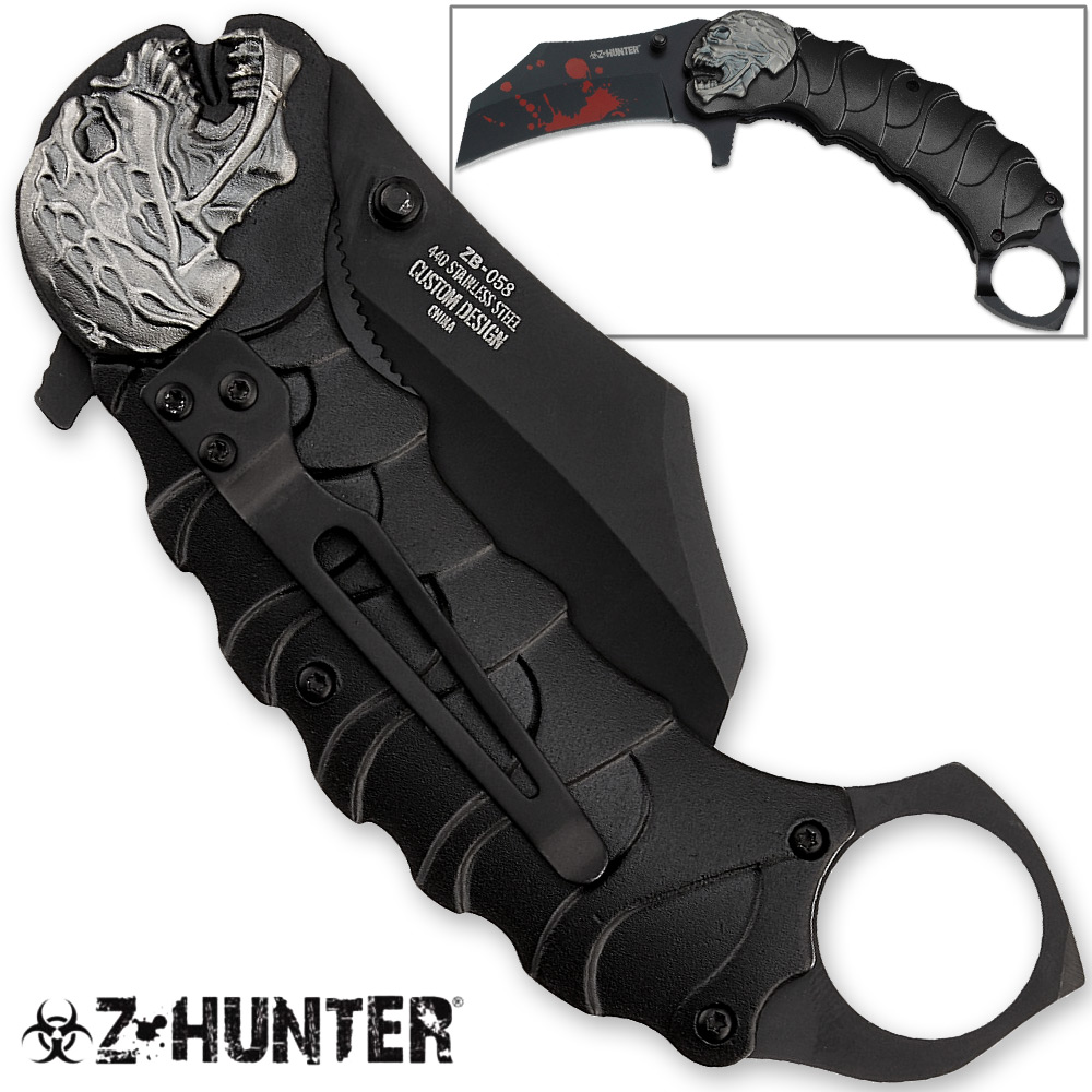 Z-HUNTER Zombie Tactical Karambit Black Knife Assisted-O Glass Breaker Finger Ring