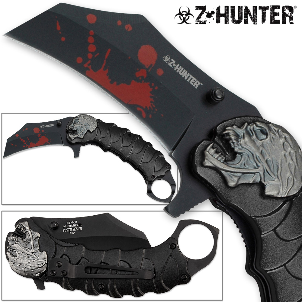 Z-HUNTER Zombie Tactical Karambit Black Knife Assisted-O Glass Breaker Finger Ring