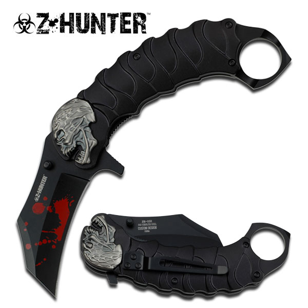 Z-HUNTER Zombie Tactical Karambit Black Knife Assisted-O Glass Breaker Finger Ring