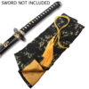 BLACK SILK EMBROIDERED SWORD BAG WITH GOLD ROPE TIE