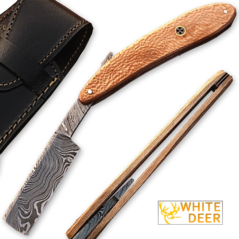 White Deer Damascus Steel Straight Razor w/ Olive Wood Handle