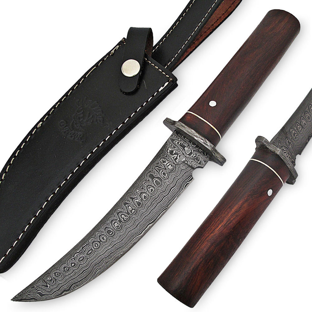 White Deer Custom Damascus Bolster Hunting Knife Walnut Wood Round Handle